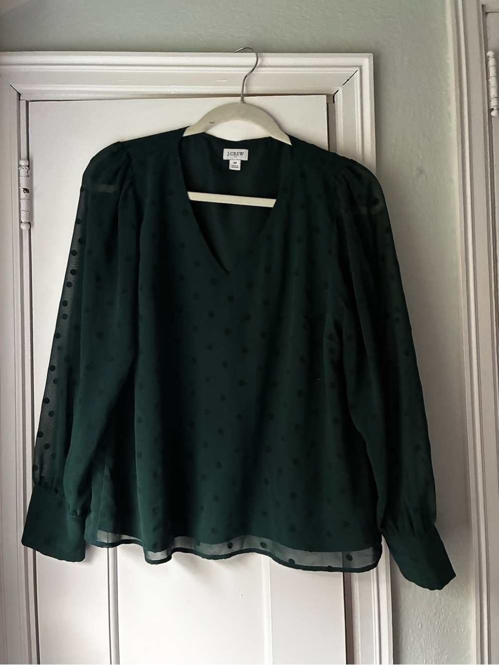 J. Crew Dark Green Polka Dot V-Neck Blouse